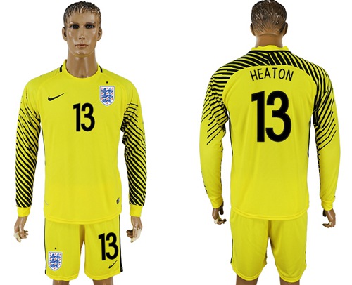 England #13 Heaton Yellow Long Sleeves Goalkeeper Soccer Country Jersey